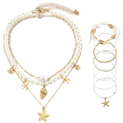 Fealkira 2 Stück Muschelkette Damen,Muschelkette,elegante Lange Mehrreihige Halskette Mit Perlenanhänger Im Sommer Und Strandstil, Geeignet Für Alltag, Strandurlaub, Sommerpartys Und Feiertage.