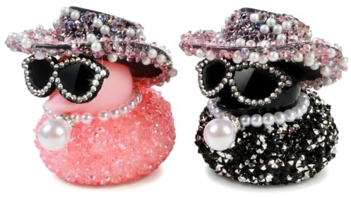 2 Pcs Canard en Plastique, Mini Noir Rose Canards Deco Voiture Interieur avec Collier Perles, Chapeau Cowboy Diamanté et Lunettes Soleil, Decoration Voiture Accessoire Auto pour Voitures, Bureau