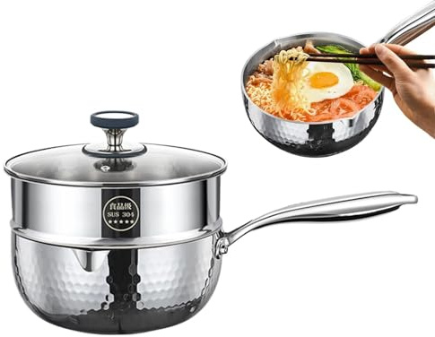 Cazo de Acero Inoxidable 316 de 20cm, Olla de Cocina Martillada de 4 Qt con Tapa de y Doble Pico Vertedor, Cacerola Pequeña con Vaporera para Salsas y Leche, Apta para Inducción