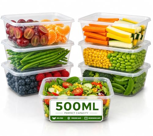 GCM Plastic Microwave & Freezer Safe Food Containers with Lids - BPA-Free, Reusable, Takeaway Meal Prep Container - Catering Grade Food Storage Boxes for Home and Business (500ML, 25 Pack)