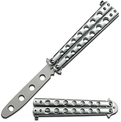 Master BladesUSA YC-306S Butterfly-Trainingsmesser, ungeschärfte Stahlklinge, silberfarbener Aluminium-Griff, sicheres Lernen mit Butterfly-Messer, Selbstverteidigung, Kampfsport, Training