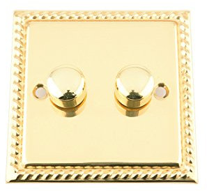 Light Dimmer Switch 2 Gang - Push On/Off 400W - Polished Brass - Georgian - 2 Gang 2 Way 10 Amp