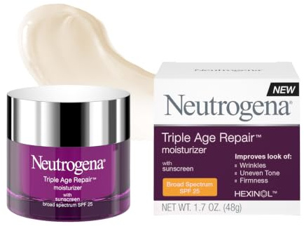 Neutrogena Triple Age Repair Face Moisturizer - with Hexinol Technology & Vitamin C, Anti-Wrinkle Face Cream with SPF 25, Visibly Reduces Wrinkles & Firms Skin, 1.7 oz