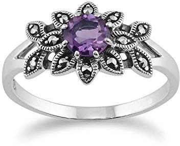 Gemondo Plata de Ley 925 Floral Estilo Art Nouveau Amatista y Marcasita Anillo
