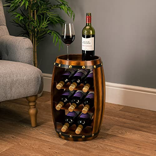 CHRISTOW Wooden Wine Rack Barrel, Free Standing With Top, 8 Bottle Holder, Oak Effect Storage, Gift For Wine Lover, H50cm