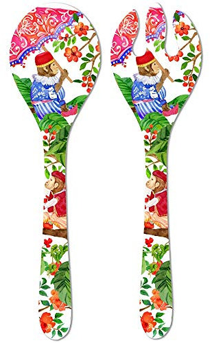 Les Jardins de la Comtesse - Posate di Insalata in Pura Melamina - 33 cm - Scimmie di Bali - Corallo Rosso e Verde - Servizi da Tavola della Collezione di Stoviglie Infrangibili MelARTmine