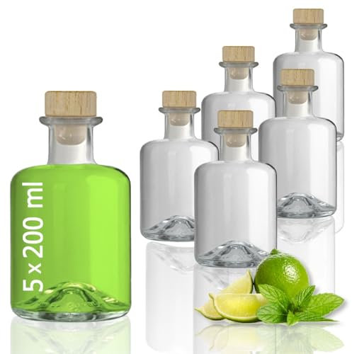 Geniess-Bar! 5 Glasflaschen 200 ml leer zum selbst Befüllen mit Korken Apothekerflasche Essig Öl Flasche Schnapsflaschen Likörflaschen