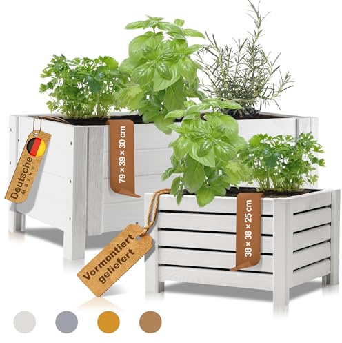 BooGardi Pflanzkasten Holz mit Vlies · 2 Größen & 4 Farben · Blumenkasten Balkon 38x38x25cm Weiß · Pflanzkübel groß außen rechteckig · Blumenkästen für Balkon, Terrasse & Garten