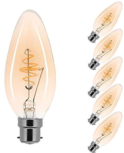 NCC-Licht 5 bombillas LED en espiral con forma de vela, 2,5 W, B22, oro extra blanco cálido, 2000 K