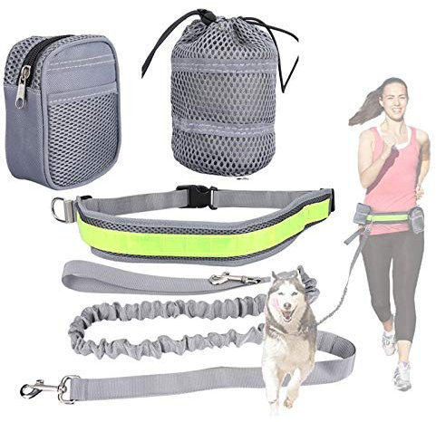 PJDDP Hundeleine Zum Laufen Spazieren,Joggingleine Mit Bauchgurt Hundeleine Elastisch Reflektierend Laufleine Für Kleine Und Mittelgroße Hunde Zum Freihändig Spazieren Oder Joggen Gehen,Grau