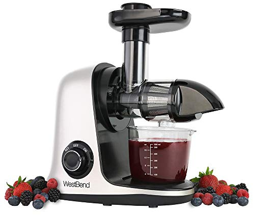 West Bend Juicer Cold Press Masticating Extractor Machine Features Quiet Motor Anti-Clog Reverse Function Nutrient Preserving For Juicing Fruits Vegetables and All Greens, 150-Watts, White
