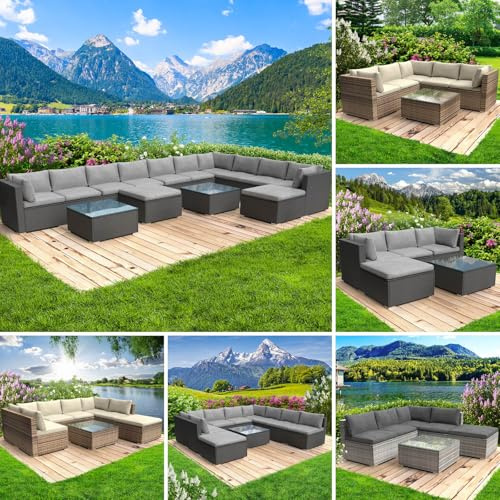 BRAST Gartenmöbel Lounge Set XXL | 8-12 Personen viele Modelle & Farben | inkl. extra Dicke Kissen | Outdoor Loungemöbel Sitzgruppe Essgruppe Garnitur | Dreams Schwarz
