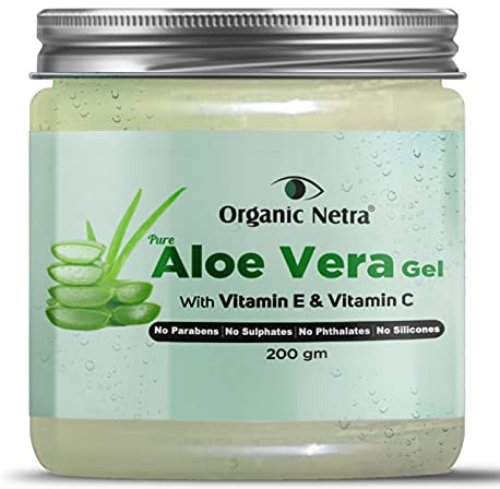 Organic Netra Pure Aloe Vera Gel with Vitamin C & E for Skin, Face and Hair | Helps to Repair and Smoothens Hair | Relax and Renew Your Skin and Scalp | Paraben Free & Sulphate Free - 7.05 Oz