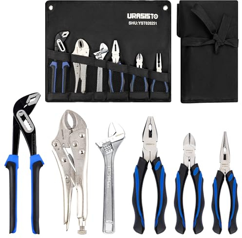 URASISTO 6-Piece Home Maintenance Tool Kit for Men, Including Groove Joint, Long Nose, Diagonal Cutting, Locking Pliers, Adjustable Wrench and Linesman Pliers, with Storage Pouch