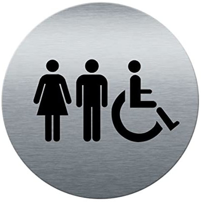 AUA SIGNALETIQUE - Plaque de porte Aluminium brossé imprimé AluSign Ø 85 mm - épaisseur. 3 mm - Double Face adhésif au dos (Toilettes Mixtes)