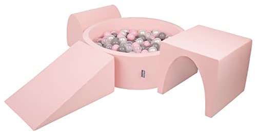 KiddyMoon Parque Infantil De Espuma con Rodondo Piscina De Bolas (300 Bolas) para Niños, Rosa:Perla/Gris/Transparente/Rosa Claro