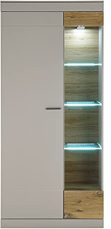 Lomadox Wohnzimmer Glasvitrine Hochschrank in grau matt Eiche Glastür rechts, B/H/T ca. 90/199/35 cm