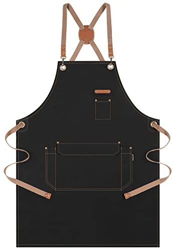 Genixart Chef Apron for Men Women with Gift Box Pack, Cross Back Apron with Pockets for Kitchen Cooking Baking Artist Painting, Cotton Canvas Work Aprons for Shop, Garden, Restaurant, Cafe (Black)