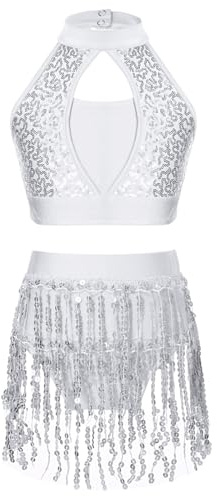 Freebily Vestito da Ballo Bambina Latino Americano Nappe Paillettes Abiti da Balletto Crop Top Corto Halter Gonna di Danza Classica Vestito da Pattinaggio Artistico Lucido Bianco 11-12 Anni