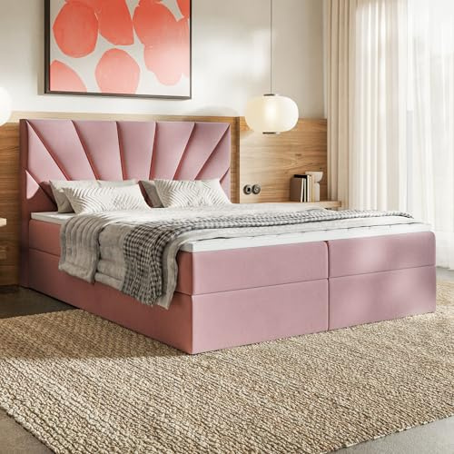 MOTIVENA Aspen Boxspringbett 180x200 mit Bettkasten und Topper, Polsterbett 180x200 mit Bettkasten, Bonellfederkern-Matratze (H4), T28 Komfortschaumstoff Topper (H3), Samt, Rosa (Pink)