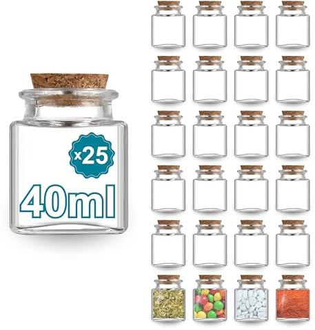 Espirito Rebelde Lot de 25 Pots en Verre Carrés 40 ml avec Bouchon en Liège – Bocaux pour Épices, Confiture et Cosmétiques | Cadeau Invités Mariage