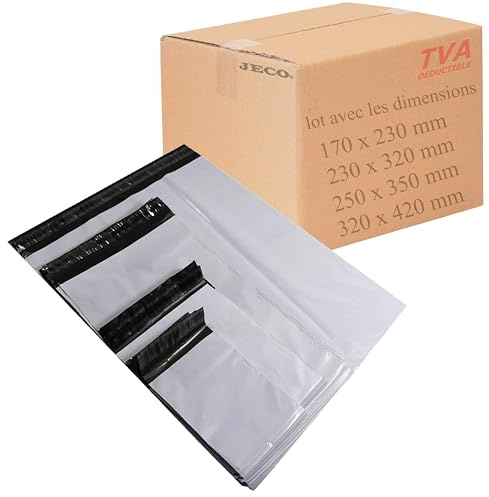 Jeco- Assortiment de 100 pochettes plastiques d'expédition opaques 4 tailles. Enveloppes d'expédition 50 microns, légères, solides, inviolables et imperméables