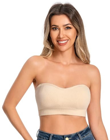 ANGOOL Bandeau Bra Women Padded Strapless Seamless Bra Tube Tops Invisible Bralettes with Convertible Straps,Beige,L