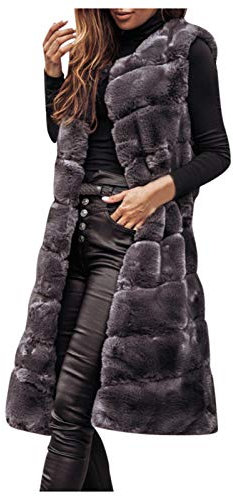 Beokeuioe Damen Weste lang Kunstpelz Weste mit Kapuze Elegant Fellweste Ärmellose Pelzmantel Herbst Winter Warme Kunstfell Cardigan Lose Winterjacke Pelzweste Jacke