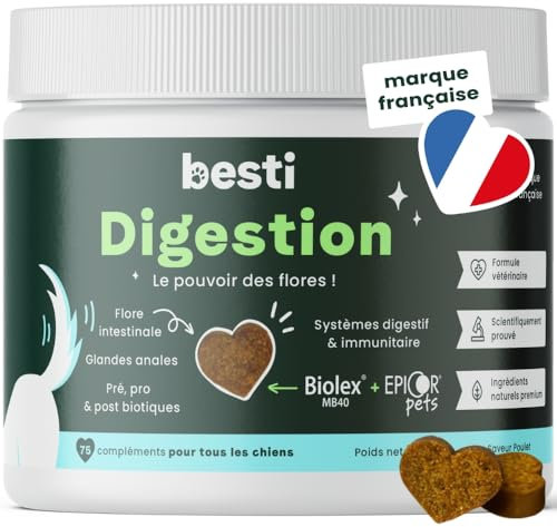 BESTI - Digestion | 75 Compléments Alimentaires Premium pour Chiens | Probiotiques, Prébiotiques, Postbiotiques | Flore Intestinale | Marque Française - Formule Vétérinaire | Au Poulet | 300 GR