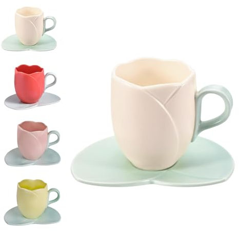 Zureto Tasse à café tulipe en céramique avec soucoupes, tasse à café créative en céramique avec soucoupe, lait de petit-déjeuner, ensemble de tasses à café tulipe (blanc A)