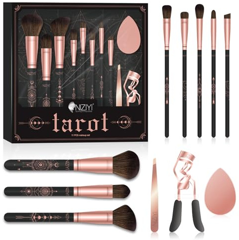 Makeup Brushes, NIZIYI Professional 11 Pcs Makeup Brush Set Premium Synthetic Foundation Highlight Powder Concealers Eyeshadow Blush Brow Sponge Tweezers Eyelash Curler Make Up Gift Kit