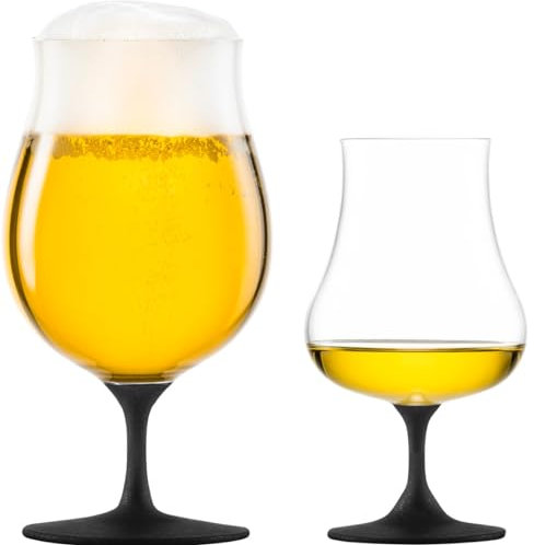 Dekomiro Set di bicchieri da birra + vetro universale per liquori con manico nero con coperchio aromatico e panno in vetro