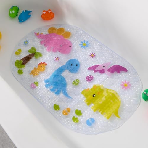 OHS Baby Bath Mat Non Slip, Dino Kids Bath Mat with Suction Cups Anti Mould Bath Mats for Bathroom Flexible Oval PVC Babies Toddlers Kids, Clear 70cm x 40cm