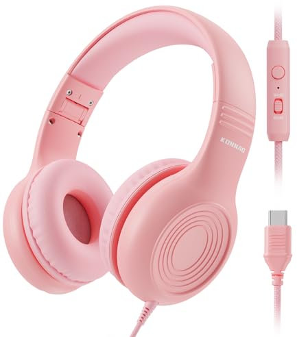 KONNAO Casque filaire USB de type C pour enfants avec microphone pour garçons et filles, volume limité de 85 dB/94 dB réglable (rose)