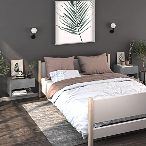 Homgoday Comodini da parete, set di 2 pezzi, grigio cemento, tavolino galleggiante con cassetto e mensola, armadio laterale per ripostiglio, comodino sospeso per camera da letto soggiorno