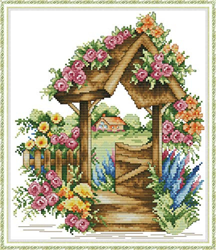 ABEUTY 11 ct förtryckta korsstygnssatser, blomstergrind i Underlandet för vuxna nybörjare, gör-det-själv stämplad avancerad broderi sömnad startkit 37 x 42 cm handarbete set (blomgrind)