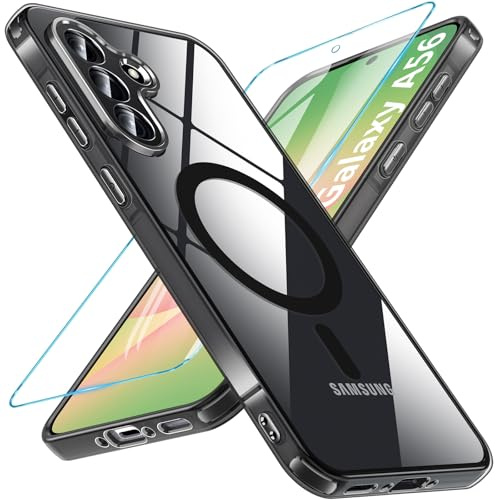 Hensinple Magnetica Cover per Samsung Galaxy A56 5G con Vetro Temperato, Custodia Samsung A56 Antiurto Trasparente Retro Case Resistente ai Graffi, Nero