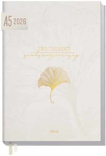Häfft® Business-Timer 2026 A5 Beige Ginkgo 1 Woche 2 Seiten | Buchkalender mit Folienprägung, Terminplaner im Halb-Stunden-Takt