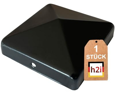 h2i Pfostenkappe | Stahl Schwarz pulverbeschichtet | 91 x 91 mm | 1 Stück | Abdeckkappe für Garten Holz-Pfosten Pfostenträger & Zaunpfosten in Pyramidenform | Wetterschutz für Holz-Balken