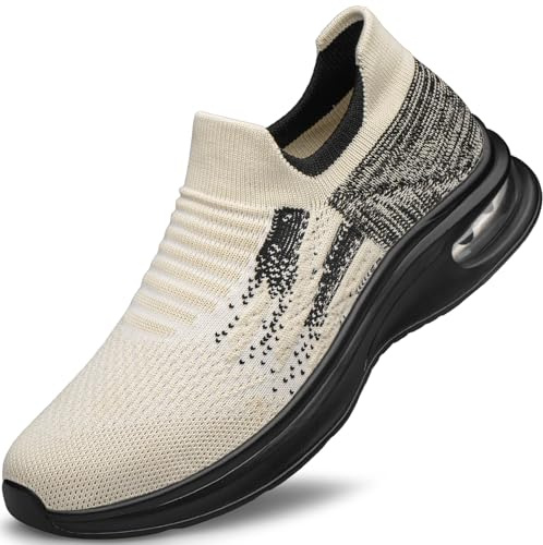 YHOON Mens Walking Trainers Ultra Lightweight Tennis Running Shoes Non-Slip Casual Comfortable Work Athletic Cuhioning Trainers Beige Size 8