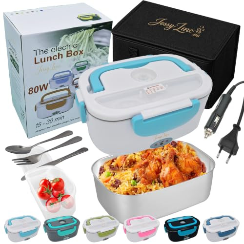 JessyLine Fiambrera eléctrica portátil clara y juvenil 80W 12V/24V/220V Coche Camión Oficina Calienta comida rápido sin microondas tartera envase acero inoxidable 1,5L bandeja simple Blanco Azul claro