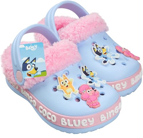 Bluey Clogs för flickor och småbarn, vinter fleecefoder och dekorativa accenter, trädgårdsskor för barn dra på med rem, flickgåvor, Rosa icke-avtagbart foder, 13 UK