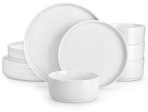 MALACASA 12 Pieces Gourmet Porcelain Dinnerware Sets, Premium Plates and Bowls Set, High-Fired Ceramic Dishes Set for 4, Chip & Scratch Resistant, Microwave Dishwasher Safe, White, Series LEXI