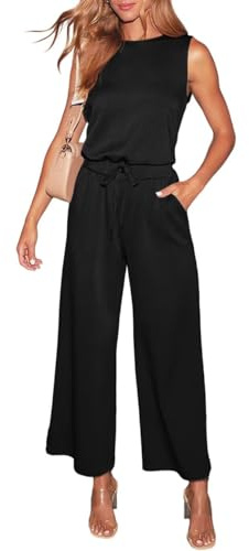 LACOZY Jumpsuits for Women Dressy Summer 2026 Casual Rompers Crewneck Drawstring Clothes One Piece Outfits with Pockets Black S