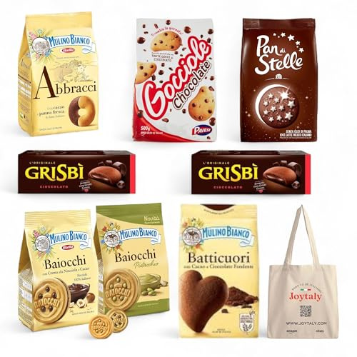 Pacchetto di prova con vari biscotti Made in Italy 1 Abbracci - 1 Gocciole - 1 Pan di Stelle - 2 Grisbi - 1 Cioccolato Baiocchi - 1 Pistacchio Baiocchi - 1 Batticuore + SHOPPING BAG JOYTALY