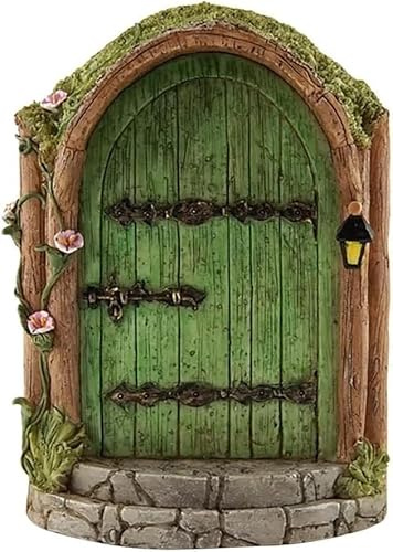 Green Fairy Door Wooden Miniature Doors Outdoor Mini Fairy Gnome House Accessories for Tree Trunk Ornaments Garden Miniatures,Garden Sculptures and Statues