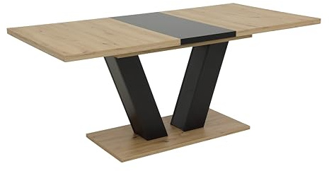 Hela Tische, Ausziehbarer Esstisch Hamm, Dekor Artisan Eiche und Schwarz, 140-180 x 90 cm, V-förmiges Gestell, Synchronauszug, Melaminbeschichtung und ABS Kante