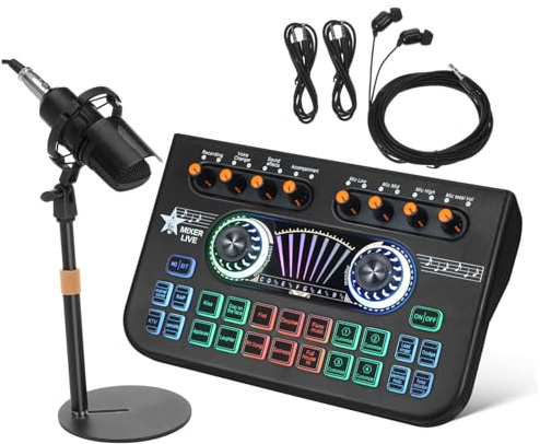 Mikinona Soundkarte für Live-Streaming und Musikaufnahme Mikrofonmischer mit Stereomischer-Funktion Kompatibel mit PC und Smartphone für Podcasts und Gaming