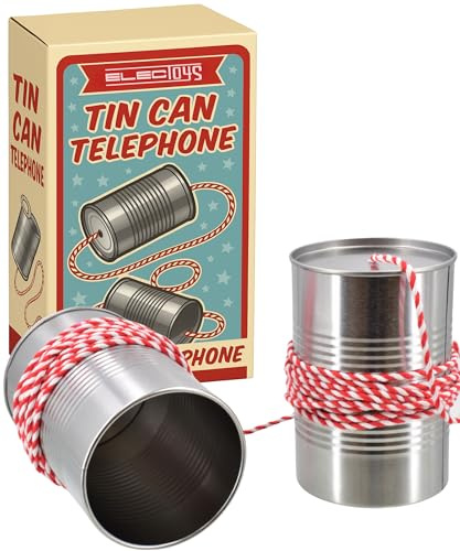 Electoys Tin Can Telephone Toy Retro Communication Game Classic Kids Science Experiment Metallic Silver Cans with Red White String Family Fun Talking Device Educational Novelty for Children - 2 Pack