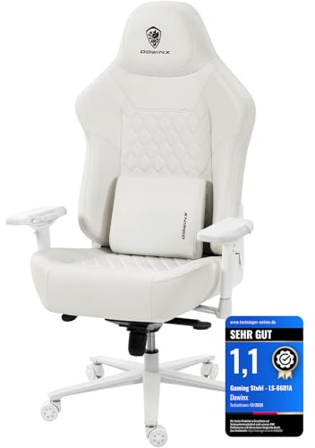 Dowinx Gaming Stuhl Bürostuhl 200kg Belastbarkeit, Ergonomischer Chefstuhl mit 4D Armlehnen und Massage Lendenwirbelstütze, Höhenverstellbar für Gamer Esport Weiß